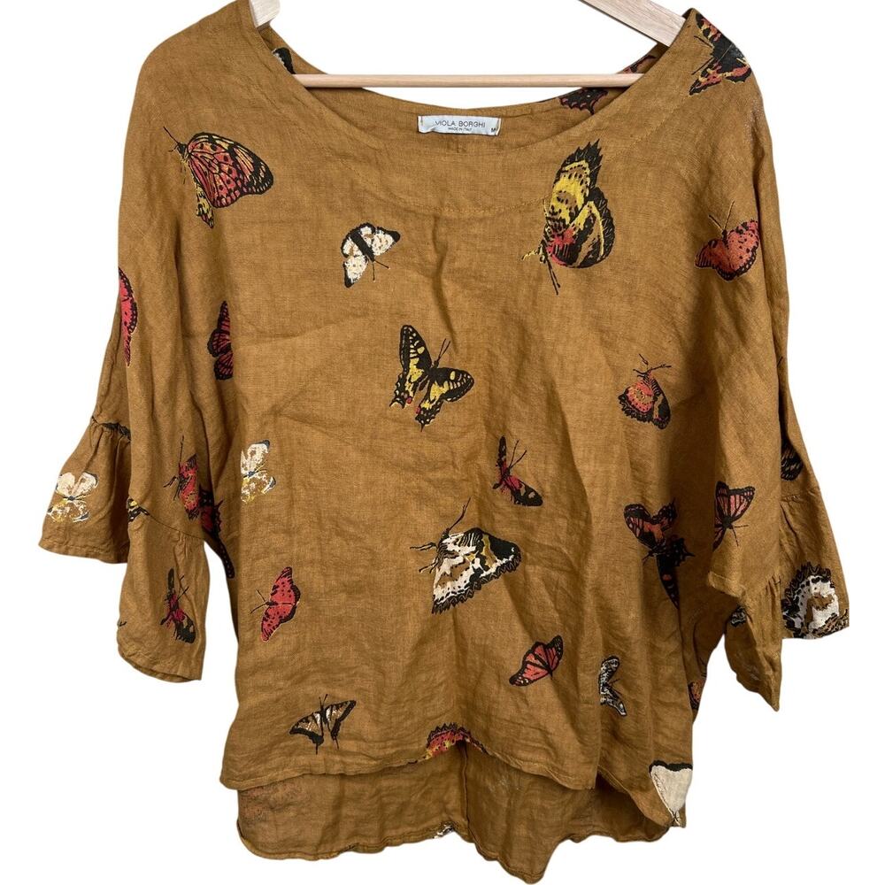Viola Borchi Linen Caramel Butterfly Top Medium Made in Italy Cottagecore